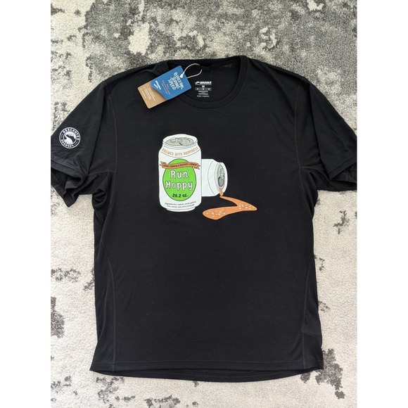 Brooks Distance Graphic Tee Shirt Black Run Hoppy Beer‎ Can Deschutes Brewery M - Picture 2 of 7
